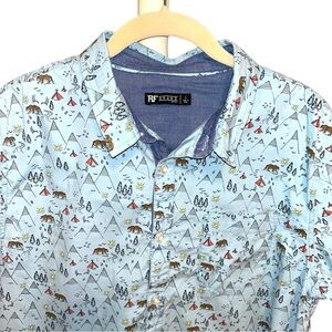 RF Retrofit Men’s L Camping Bear Tent Button Front Shirt Large Blue Cotton Wild